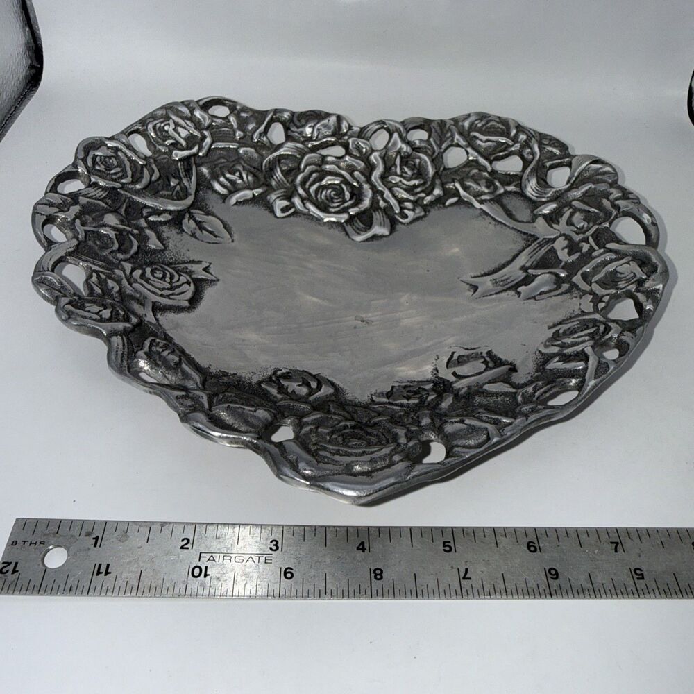 Peltrina Pewter Rose Heart Shaped Dish Made In Argentina Hand Made - Picture 8 of 8